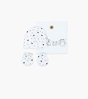 Boboli Baby Beanie & Mittens Set- White & Navy Crown Print on Sale