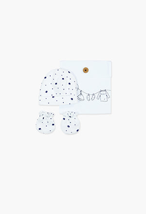 Boboli Baby Beanie & Mittens Set- White & Navy Crown Print on Sale