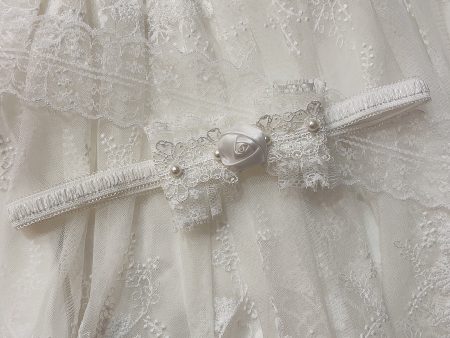 Hand Made Christeninng Headband Lace Bow with Pearl - Ivory For Sale